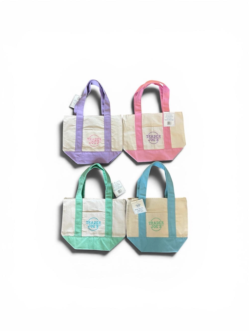 Trader Joe’s Mini Pastel Canvas Tote Bag Set Of 4 NWT Blue Green Pink Purple